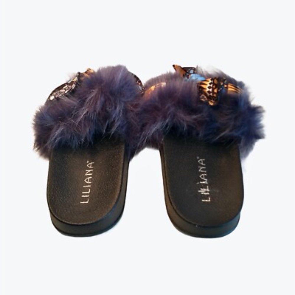 Liliana Womens Faux Fur Slides Slippers Size 6.5 Blue Slip On Casual Sandals - Picture 6 of 9